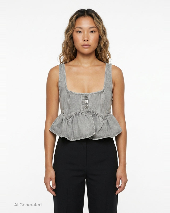 Ganni Rigid Denim Flounce Top in light grey wash, featuring a structured seamed bodice, three branded silver snap buttons at the centre front, wide shoulder straps, scoop neckline, and a gathered peplum ruffle hem - front