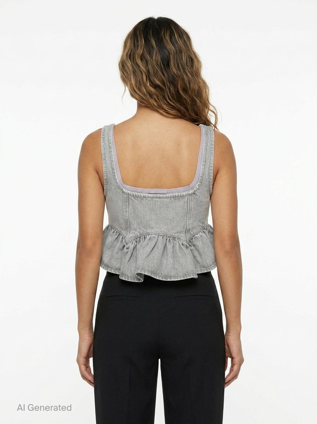 Ganni Rigid Denim Flounce Top in light grey wash, featuring a structured seamed bodice, three branded silver snap buttons at the centre front, wide shoulder straps, scoop neckline, and a gathered peplum ruffle hem - back