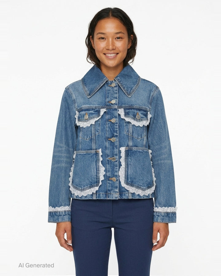 Rigid Denim Lace Jacket | Ganni | Club21 - front