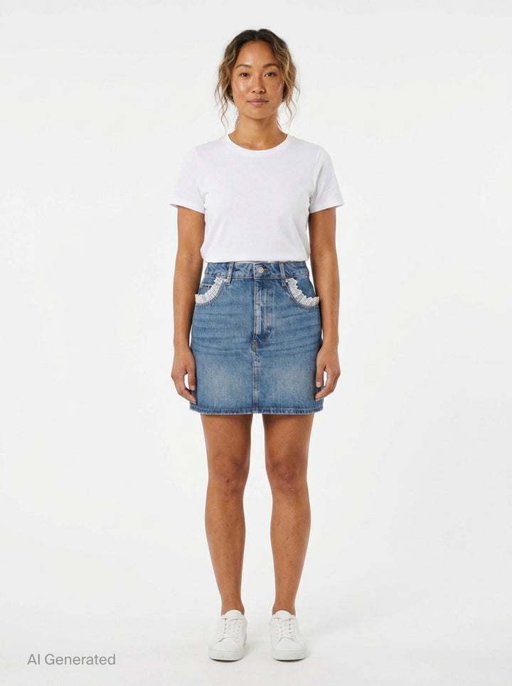Rigid Denim Lace Mini Skirt | Ganni | Club21 - front