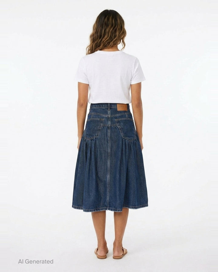 Ganni Slub Mix Denim Midi Skirt in washed indigo, featuring a high waistband, gathered tier seam, front patch pockets with gold rivets, and a full A-line silhouette with contrast orange topstitching - back