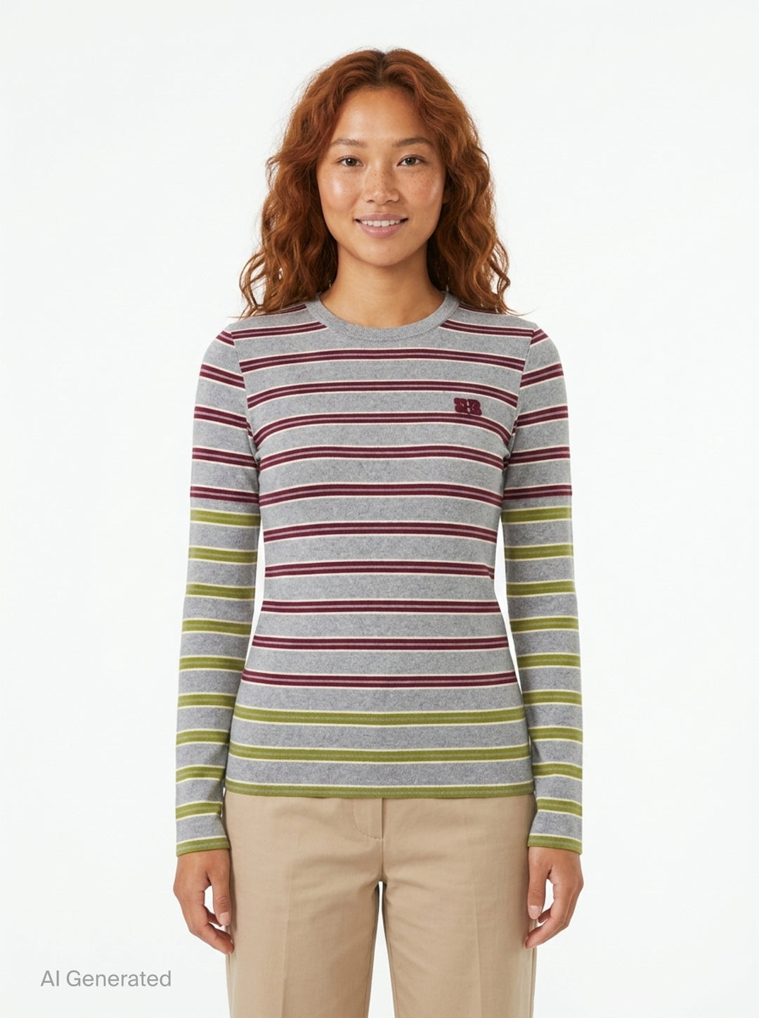 Ganni Soft Cotton Rib Long Sleeve Top in heathered grey with burgundy and olive-yellow horizontal stripes, featuring an embroidered Ganni logo on the chest and a round neckline - front