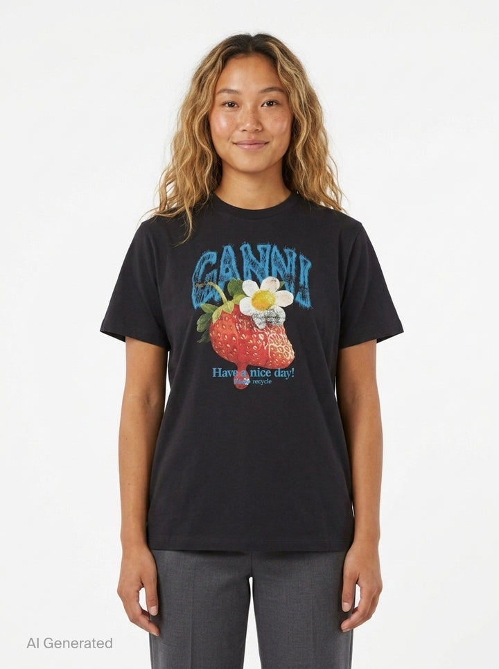 Strawberry Graphic Cotton Tee | Ganni | Club21 - front