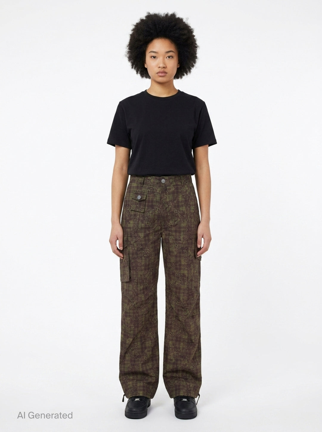 Ganni Stretch Cotton Cargo Pants in olive and burgundy mixed tartan and floral paisley print with cargo patch pockets and drawstring ankles, flat lay front view - front