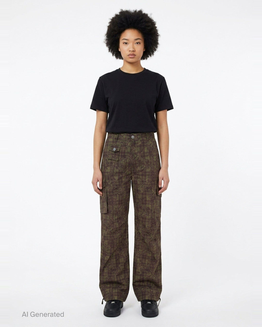 Ganni Stretch Cotton Cargo Pants in olive and burgundy mixed tartan and floral paisley print with cargo patch pockets and drawstring ankles, flat lay front view - front
