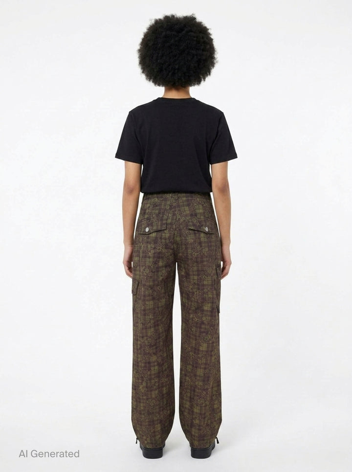 Ganni Stretch Cotton Cargo Pants in olive and burgundy mixed tartan and floral paisley print with cargo patch pockets and drawstring ankles, flat lay front view - back