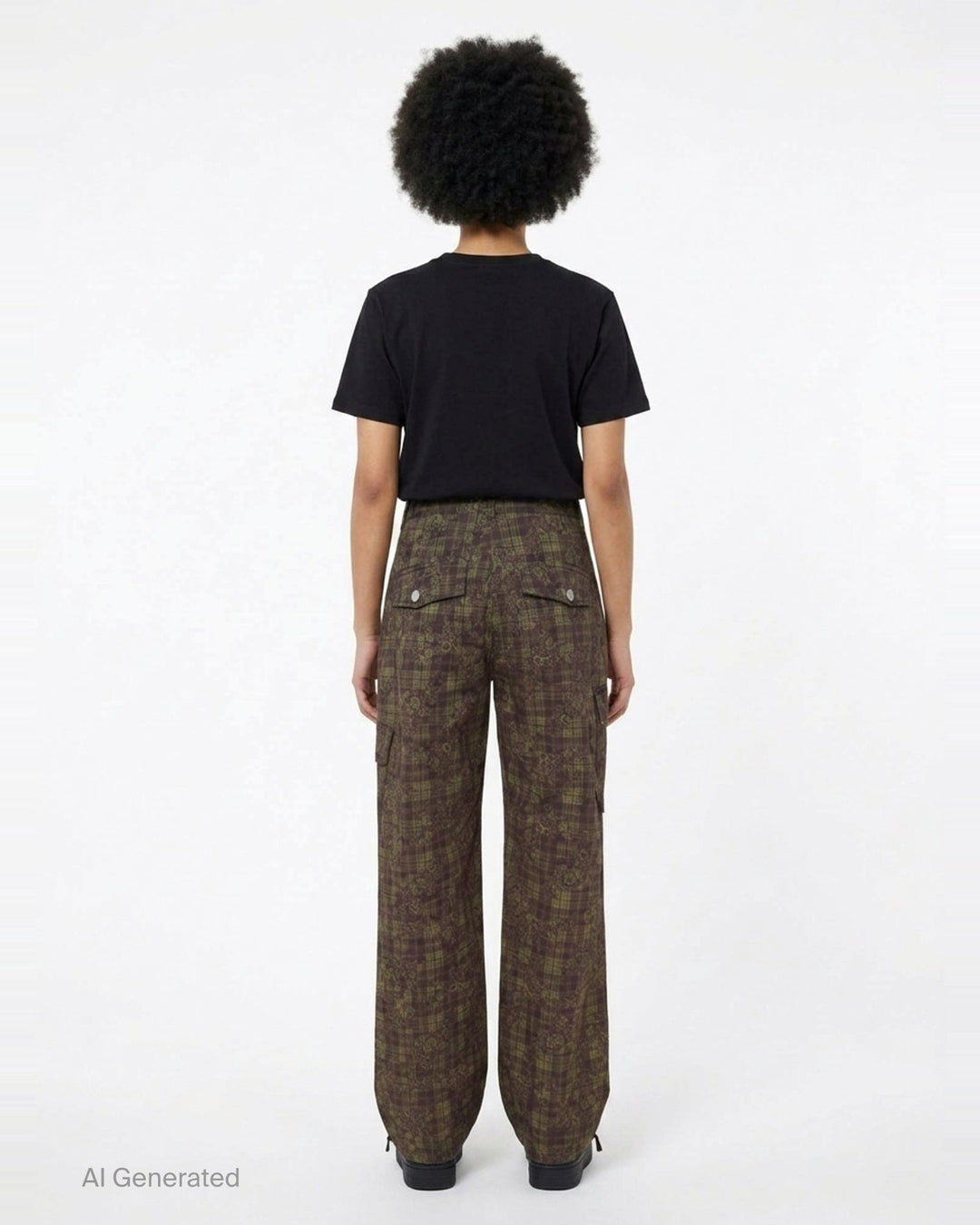 Ganni Stretch Cotton Cargo Pants in olive and burgundy mixed tartan and floral paisley print with cargo patch pockets and drawstring ankles, flat lay front view - back