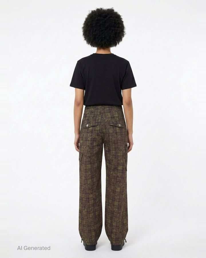 Ganni Stretch Cotton Cargo Pants in olive and burgundy mixed tartan and floral paisley print with cargo patch pockets and drawstring ankles, flat lay front view - back