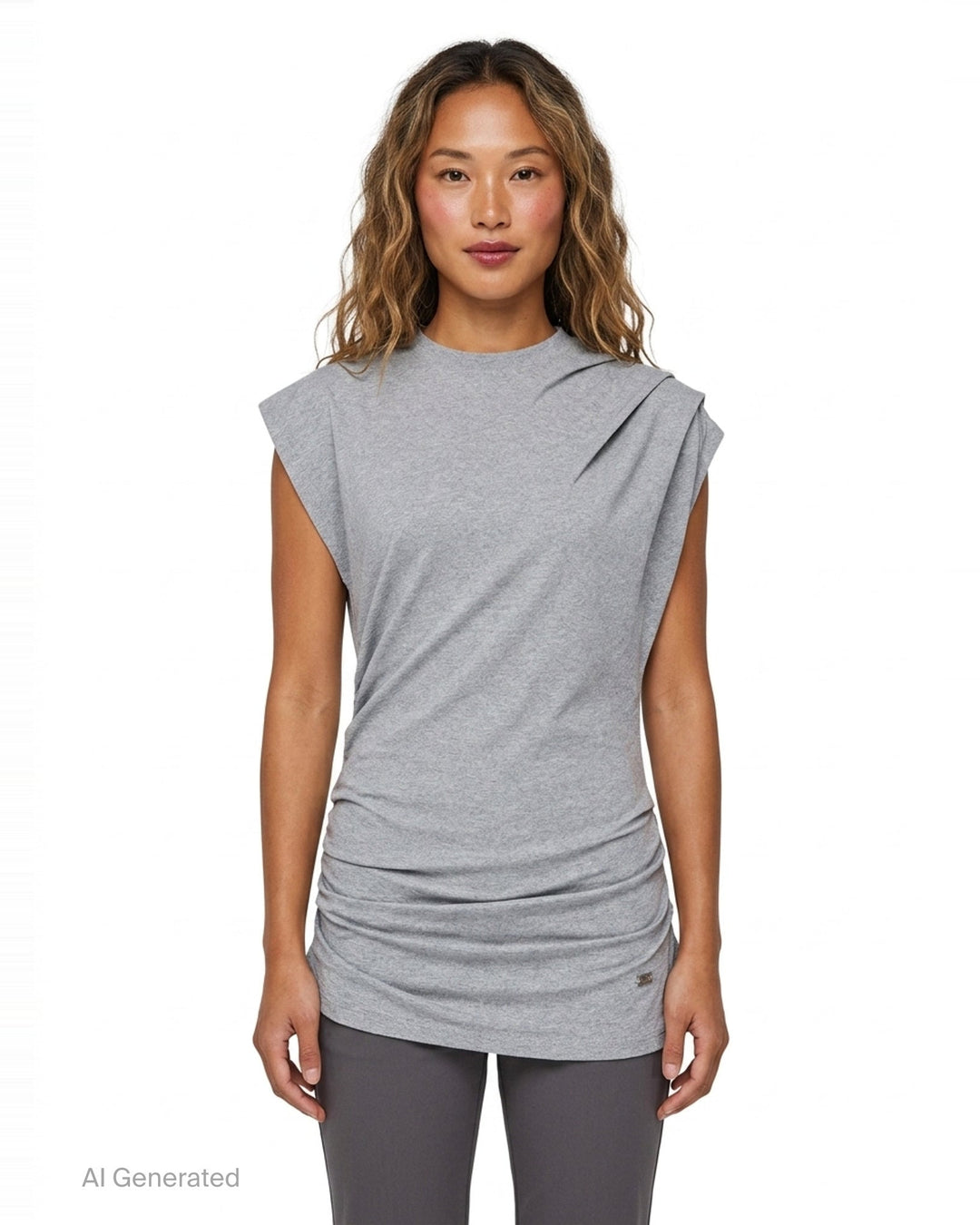 Ganni Stretch Heavy Jersey Draped Blouse in heather grey marl, featuring an asymmetric shoulder drape, mock neckline, cap sleeves, and gathered ruching at the hem - front