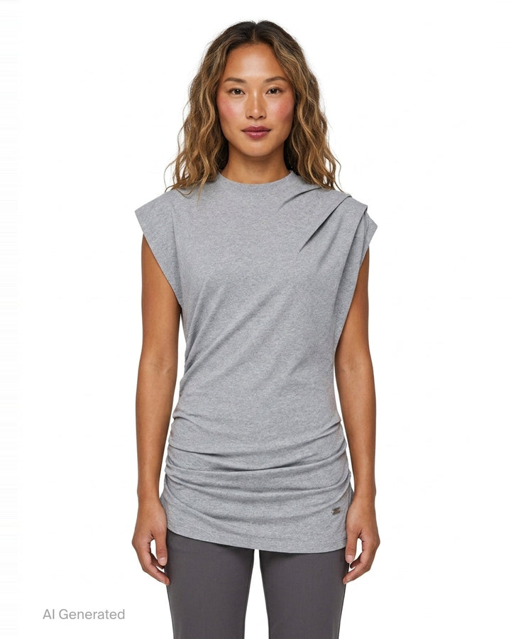 Ganni Stretch Heavy Jersey Draped Blouse in heather grey marl, featuring an asymmetric shoulder drape, mock neckline, cap sleeves, and gathered ruching at the hem - front
