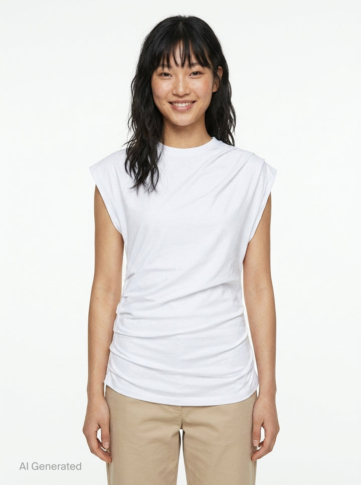 Ganni Stretch Heavy Jersey Draped Blouse in heather grey marl, featuring an asymmetric shoulder drape, mock neckline, cap sleeves, and gathered ruching at the hem - front