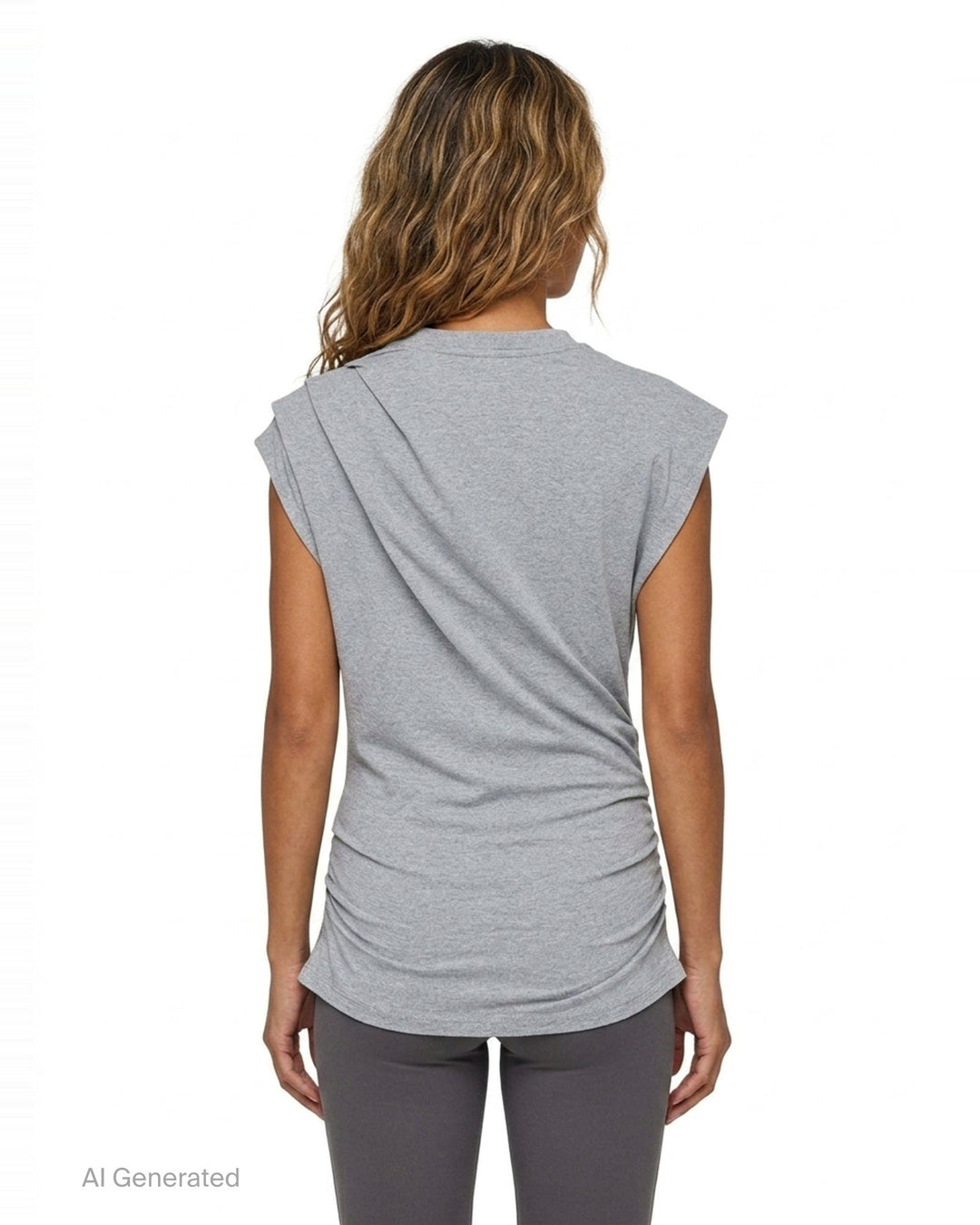 Ganni Stretch Heavy Jersey Draped Blouse in heather grey marl, featuring an asymmetric shoulder drape, mock neckline, cap sleeves, and gathered ruching at the hem - back