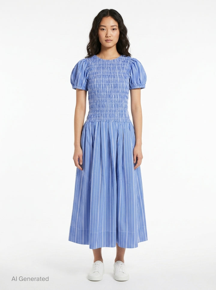 Stripe Cotton Smocked Long Dress | Ganni | Club21 - front