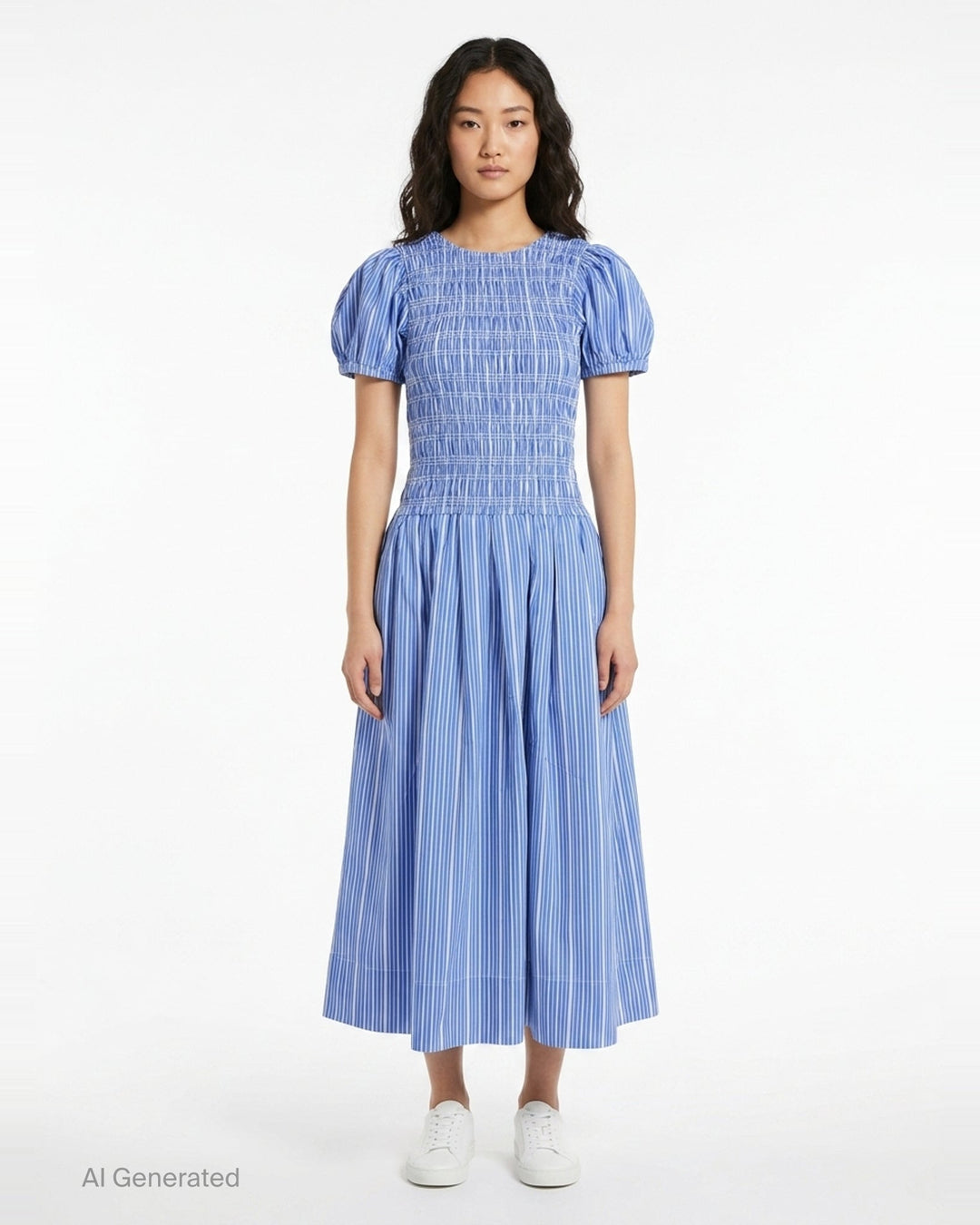 Stripe Cotton Smocked Long Dress | Ganni | Club21 - front