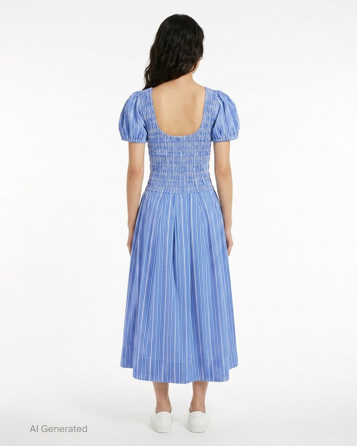 Stripe Cotton Smocked Long Dress | Ganni | Club21 - back