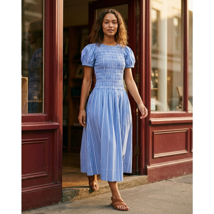 Stripe Cotton Smocked Long Dress | Ganni | Club21 - lifestyle