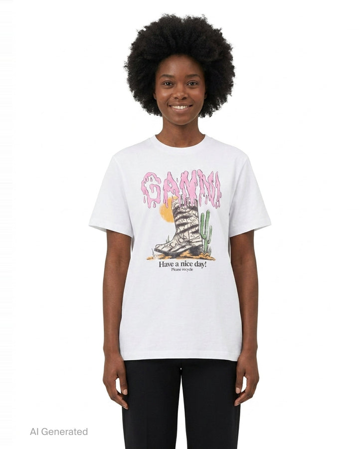 Western Zebra Boot Graphic Tee | Ganni | Club21 - front