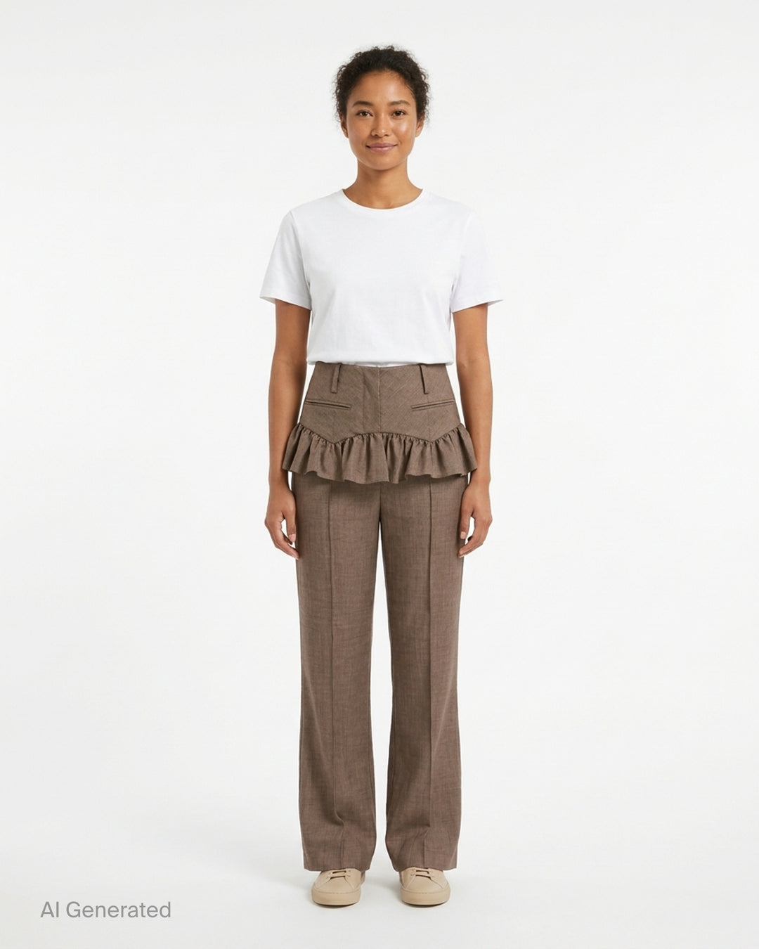Brown wool melange high-waisted trousers with a ruffled peplum waist and flared leg by Ganni - front