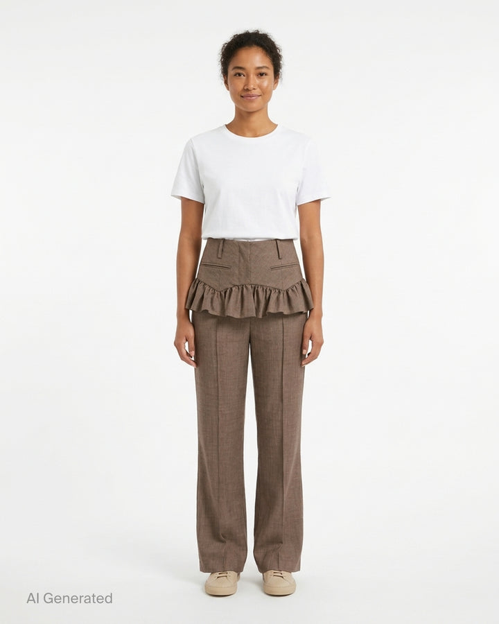 Brown wool melange high-waisted trousers with a ruffled peplum waist and flared leg by Ganni - front