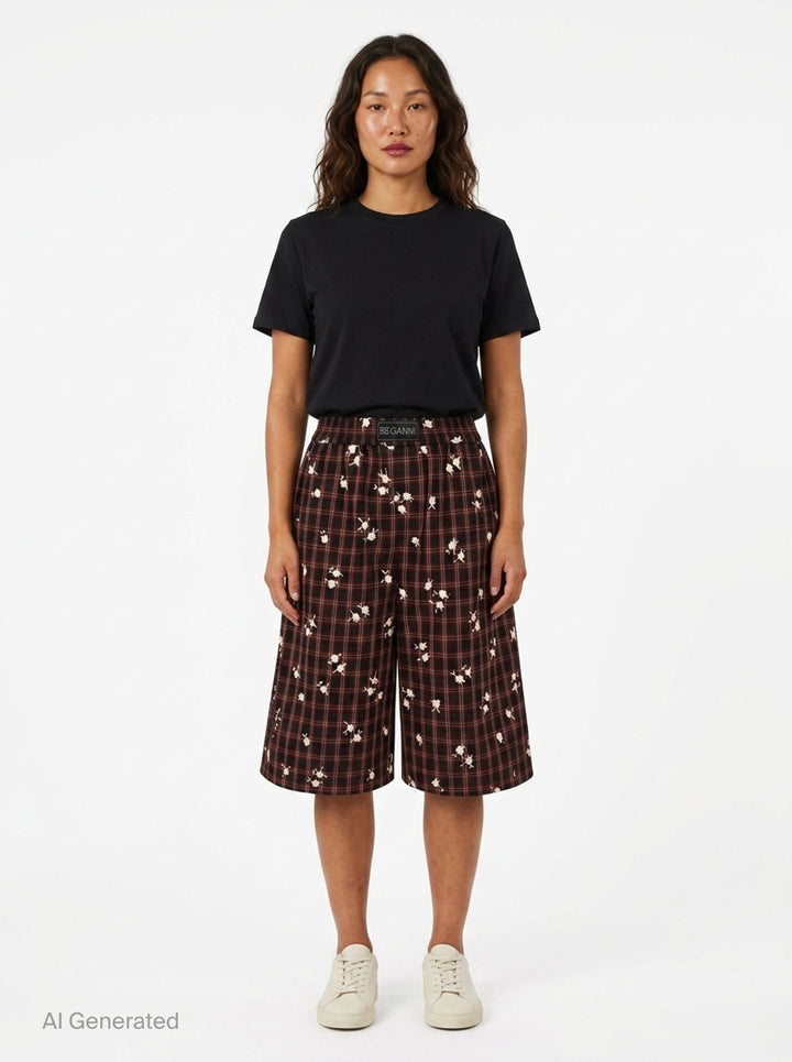 Yarn Dyed Check Flower Shorts | Ganni | Club21 - front