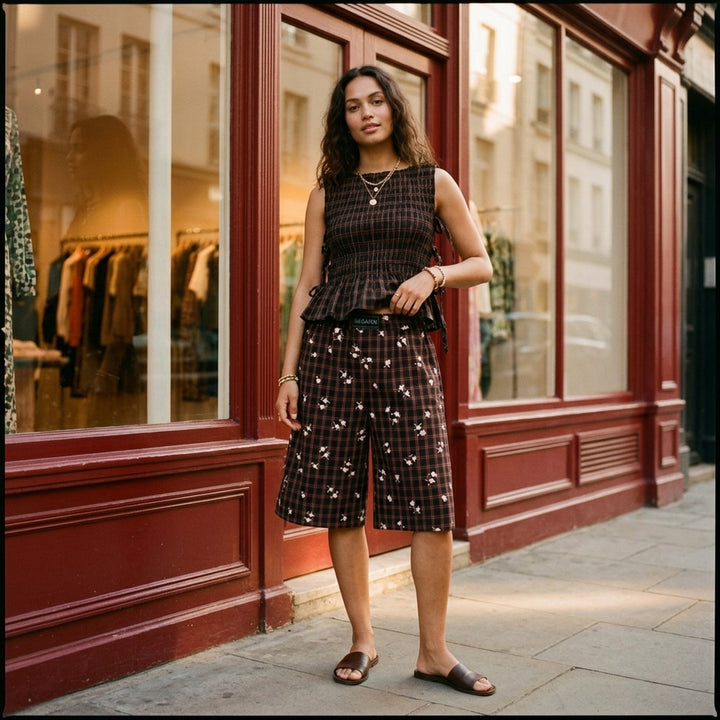 Yarn Dyed Check Flower Shorts | Ganni | Club21 - lifestyle