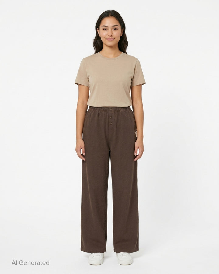 Glowny Button Fly Wide Leg Pants in black, featuring an elasticated waistband, three-button fly placket, wide-leg silhouette, and woven brand label tab at the hip - front