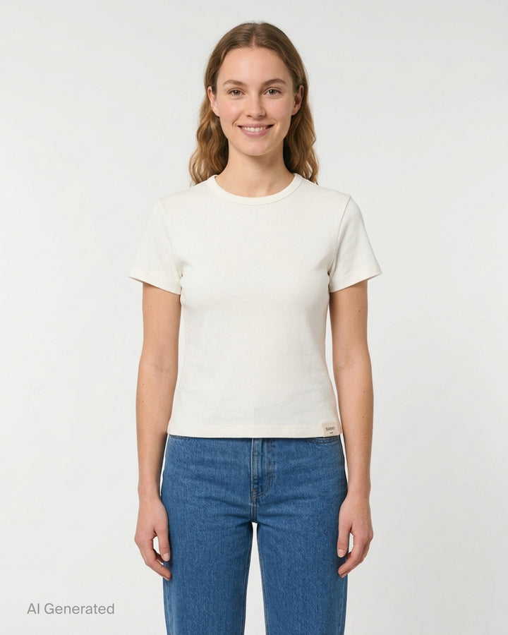Glowny Classic Baby Tee in black — slim-fit cropped silhouette with a ribbed crew neck, short sleeves, and a woven Glowny label at the hem - front