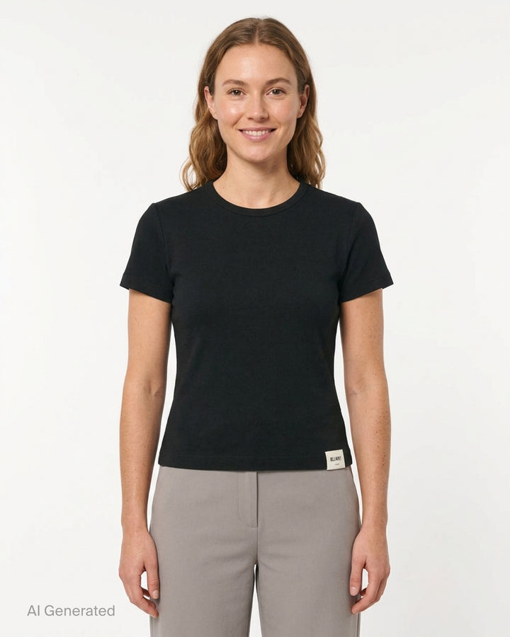 Glowny Classic Baby Tee in black — slim-fit cropped silhouette with a ribbed crew neck, short sleeves, and a woven Glowny label at the hem - front