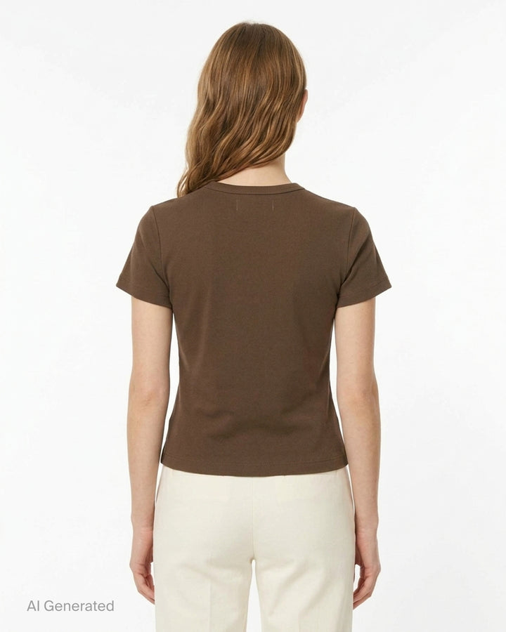 Glowny Classic Baby Tee in black — slim-fit cropped silhouette with a ribbed crew neck, short sleeves, and a woven Glowny label at the hem - back