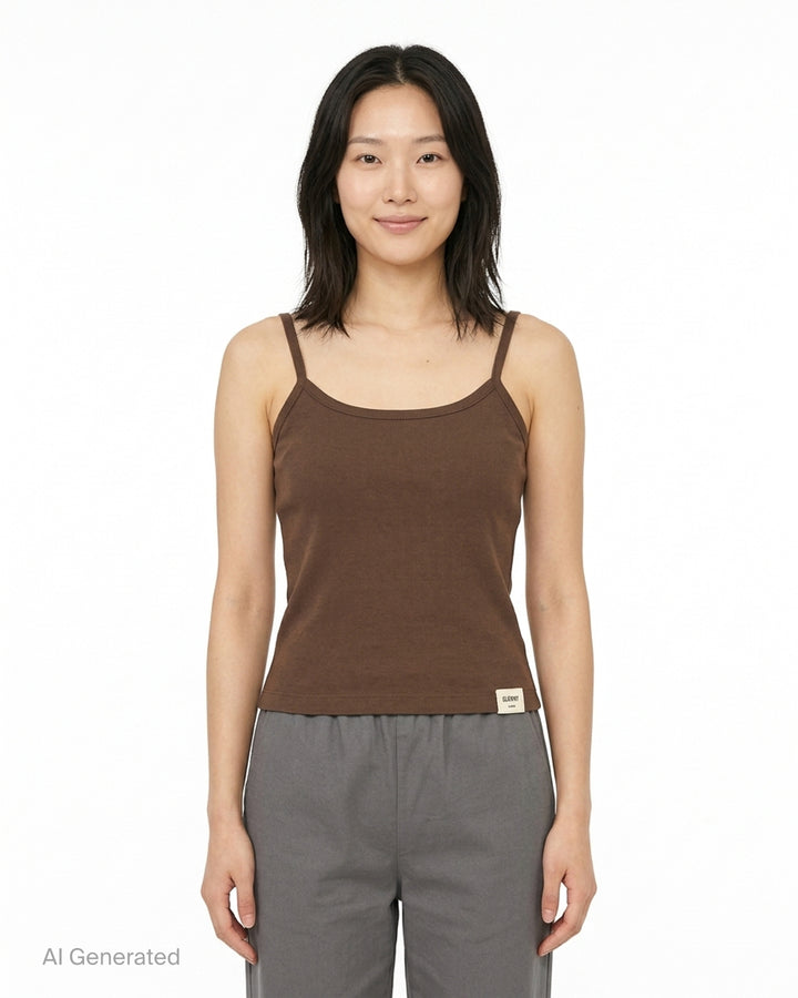 Glowny Classic Camisole in black — fine ribbed fabric, square neckline, thin straps, and woven brand label at the hem, shown on a flat lay against a white background - front
