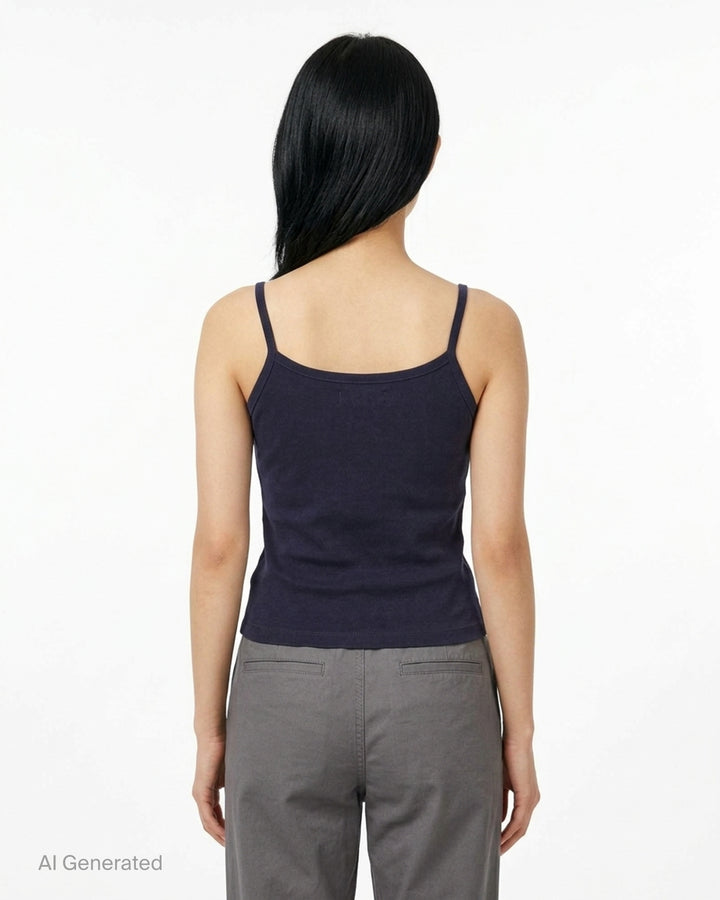 Glowny Classic Camisole in black — fine ribbed fabric, square neckline, thin straps, and woven brand label at the hem, shown on a flat lay against a white background - back