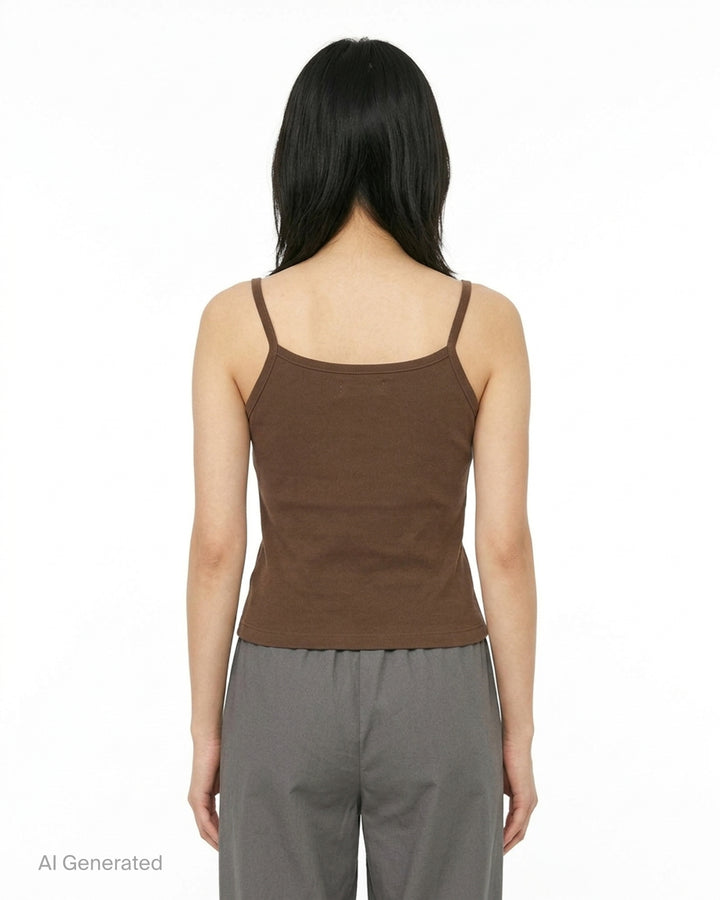 Glowny Classic Camisole in black — fine ribbed fabric, square neckline, thin straps, and woven brand label at the hem, shown on a flat lay against a white background - back
