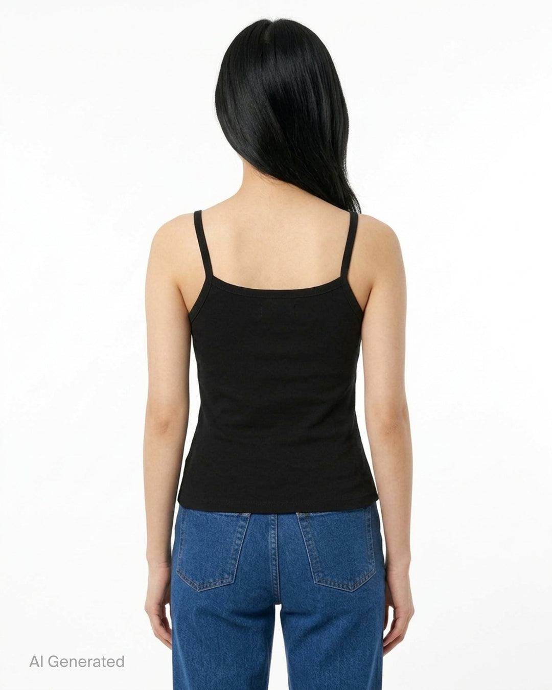 Glowny Classic Camisole in black — fine ribbed fabric, square neckline, thin straps, and woven brand label at the hem, shown on a flat lay against a white background - back