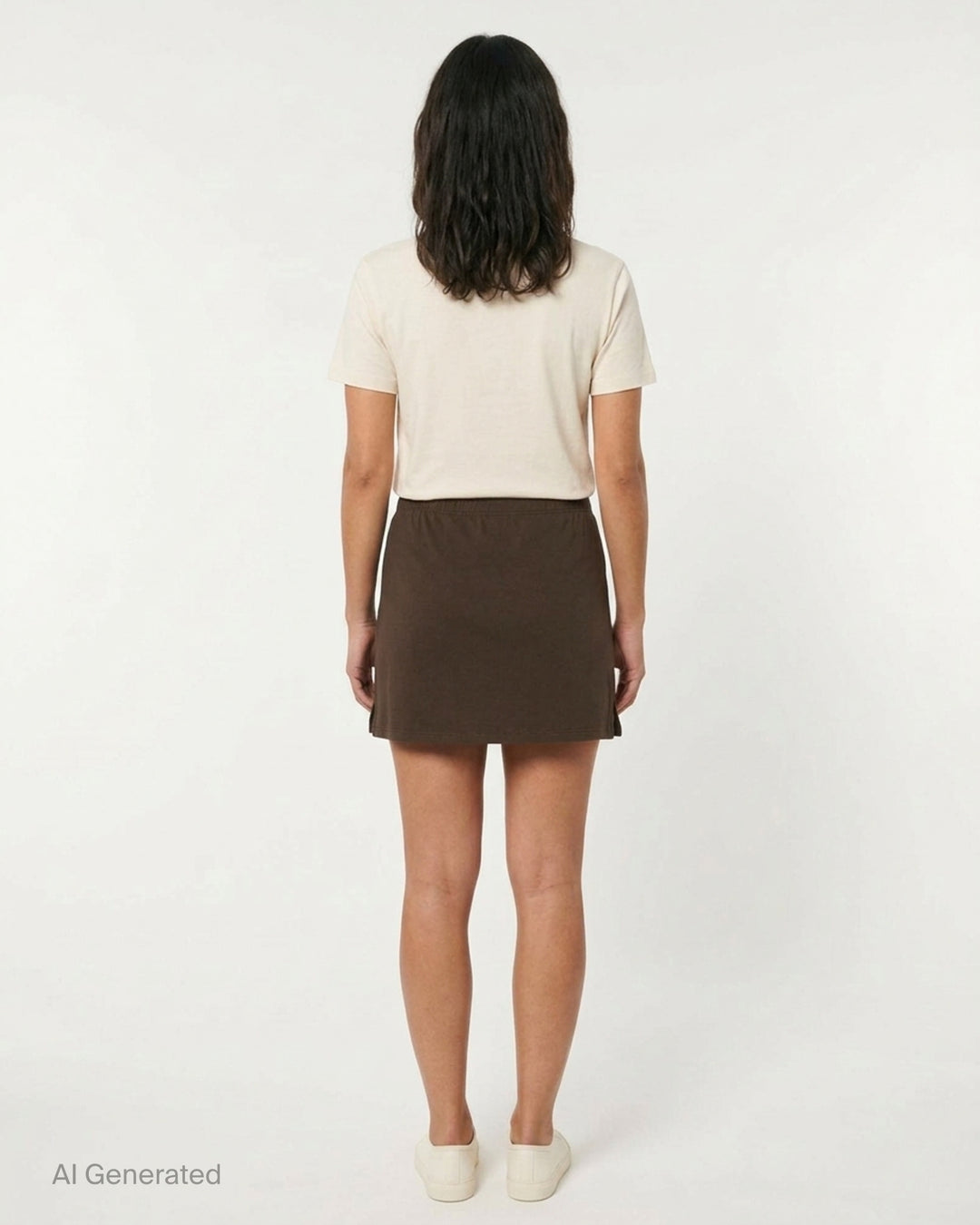Glowny Classic Mini Skirt in dark espresso brown jersey with a low-rise waistband, A-line silhouette, and woven Glowny label at the hem - back