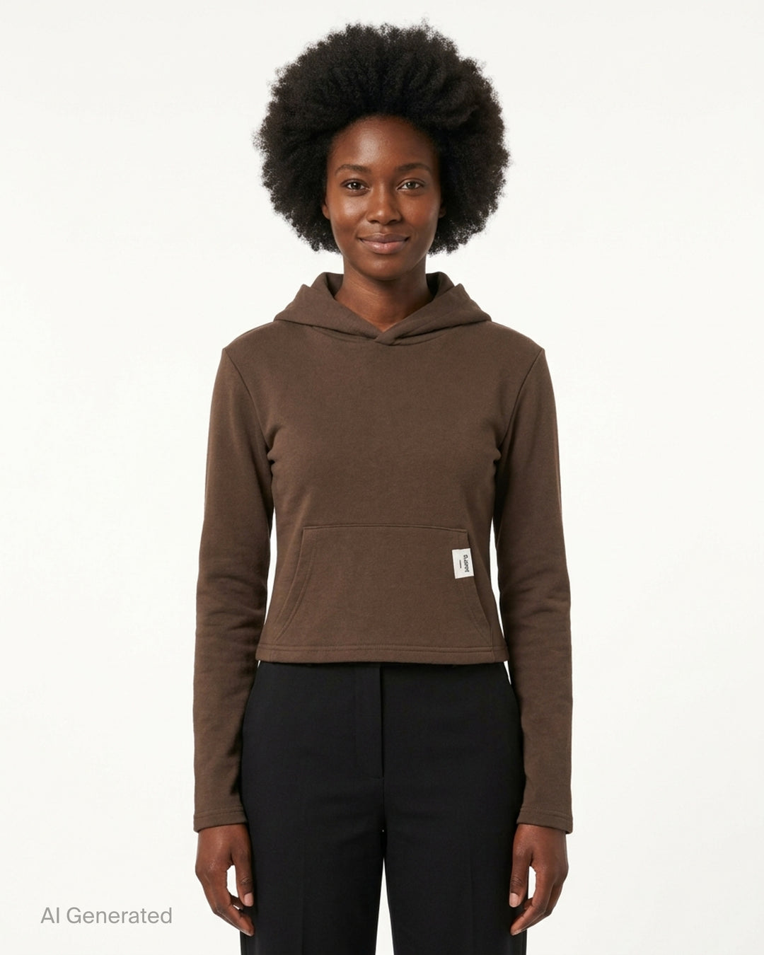 Glowny Comfort Cropped Hoodie in chocolate brown, featuring a fitted silhouette, draped hood, kangaroo pocket with woven brand patch, and long slim sleeves - front