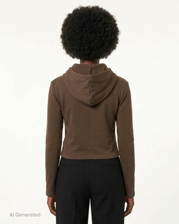 Glowny Comfort Cropped Hoodie in chocolate brown, featuring a fitted silhouette, draped hood, kangaroo pocket with woven brand patch, and long slim sleeves - back
