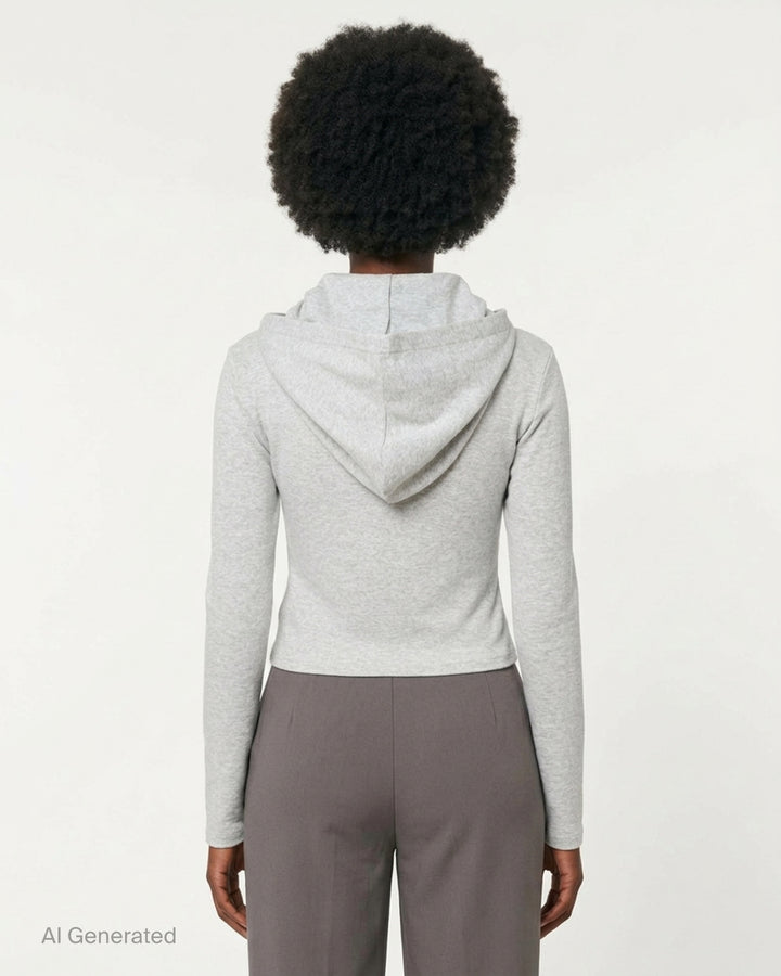 Glowny Comfort Cropped Hoodie in chocolate brown, featuring a fitted silhouette, draped hood, kangaroo pocket with woven brand patch, and long slim sleeves - back