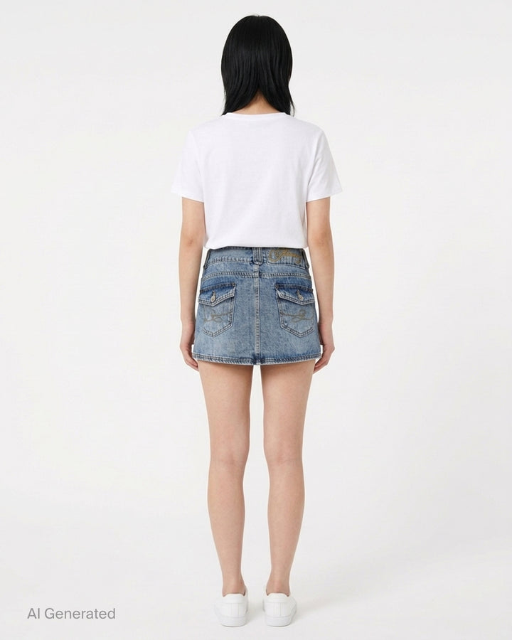 Glowny Curvy Denim Mini Skirt in acid-washed blue denim with belt loops, curved patch pockets and a metal button closure - back