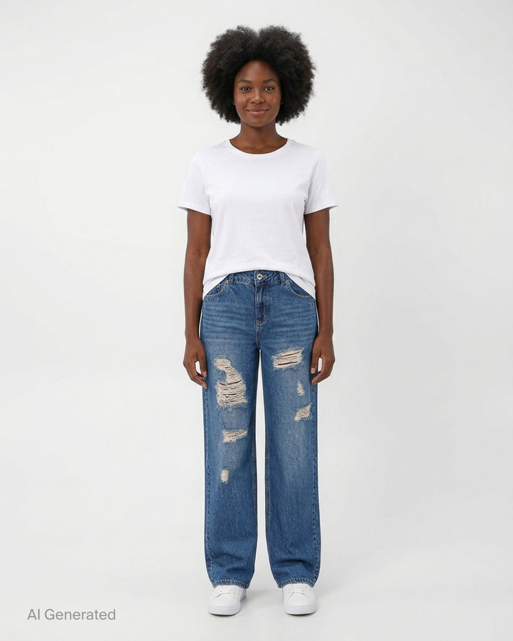 Glowny mid-blue distressed straight-leg jeans with frayed rips across the thighs and knees, shown front view - front
