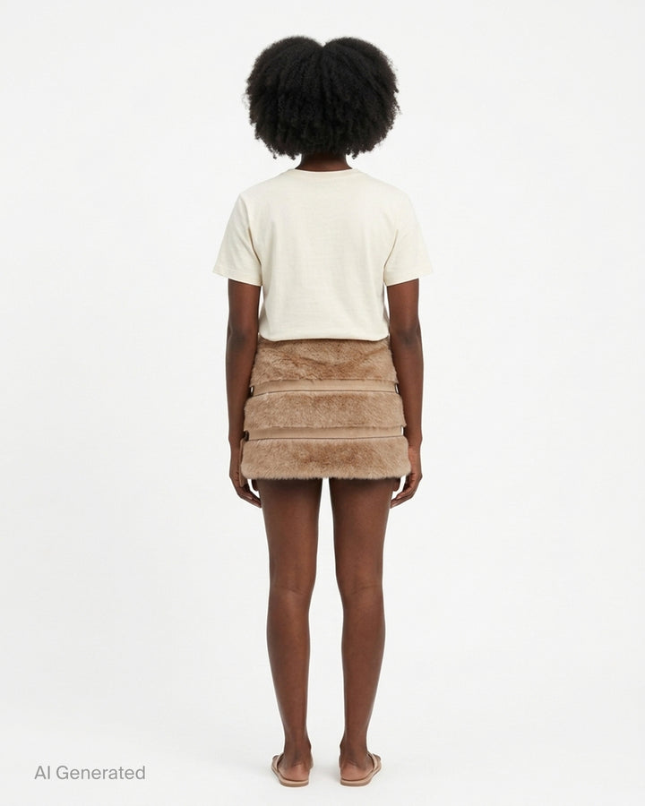 Glowny Fluffy Belt Skirt in camel faux fur with two suede-look straps and silver buckles - back