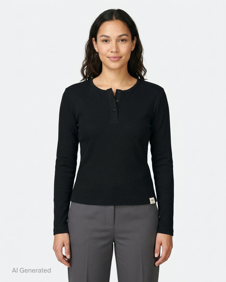 Glowny Long Sleeve Button Tee in black, featuring a short tonal button placket at the neckline, ribbed round collar, and a fitted jersey silhouette with woven brand label at the hem - front