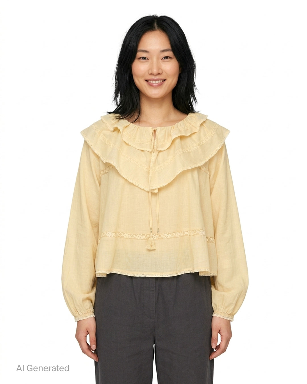 Glowny Mallow Lace Blouse in white with oversized double-tiered ruffle collar, lace trim inserts at the bodice and waist, and billowy long sleeves with elasticated cuffs - front