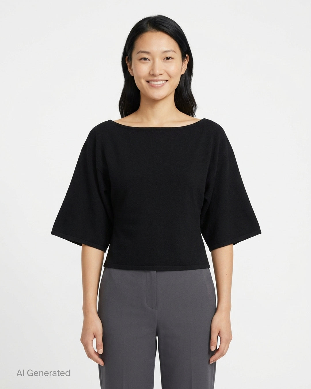 Glowny Melt Sleeve Blouse in black, featuring a wide bateau neckline and dramatic fluted three-quarter sleeves with a cropped silhouette - front