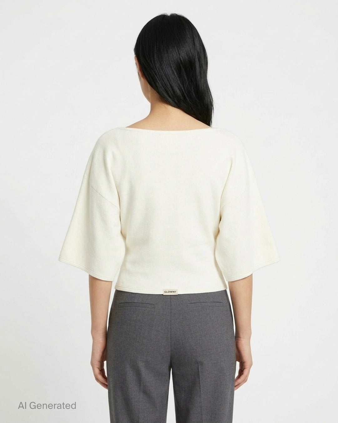 Glowny Melt Sleeve Blouse in black, featuring a wide bateau neckline and dramatic fluted three-quarter sleeves with a cropped silhouette - back