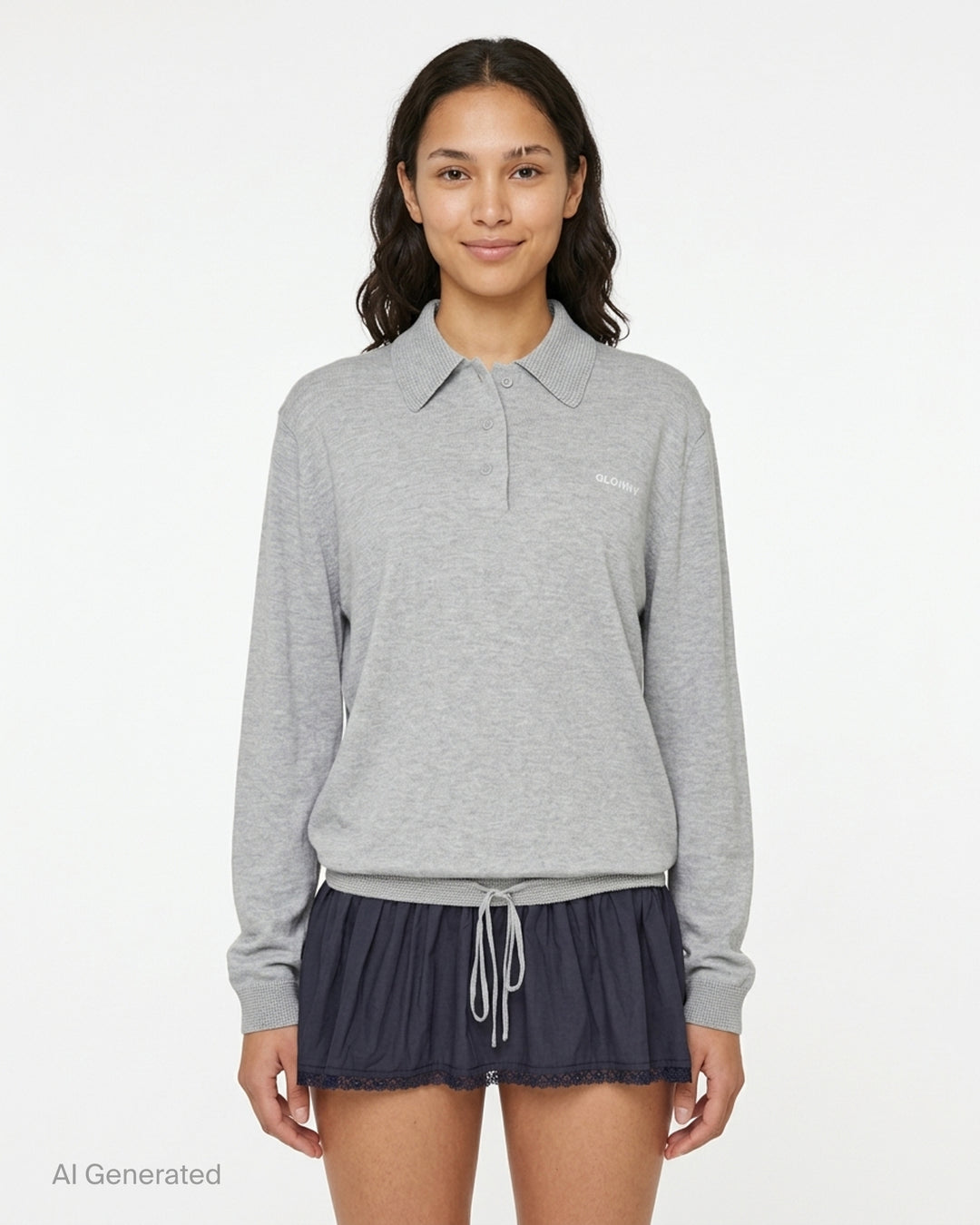Glowny Nest Polo Mini Dress in grey marl knit with a ribbed polo collar, three-button placket, drawstring waist, and a navy pleated skirt panel with lace hem trim - front