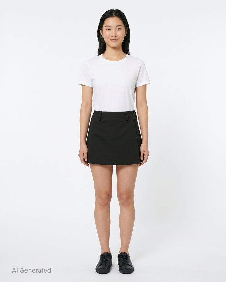 Glowny Polly Wrap Skorts in black, featuring a wrap-front A-line mini silhouette with structured waistband, belt loops, and button fastening - front