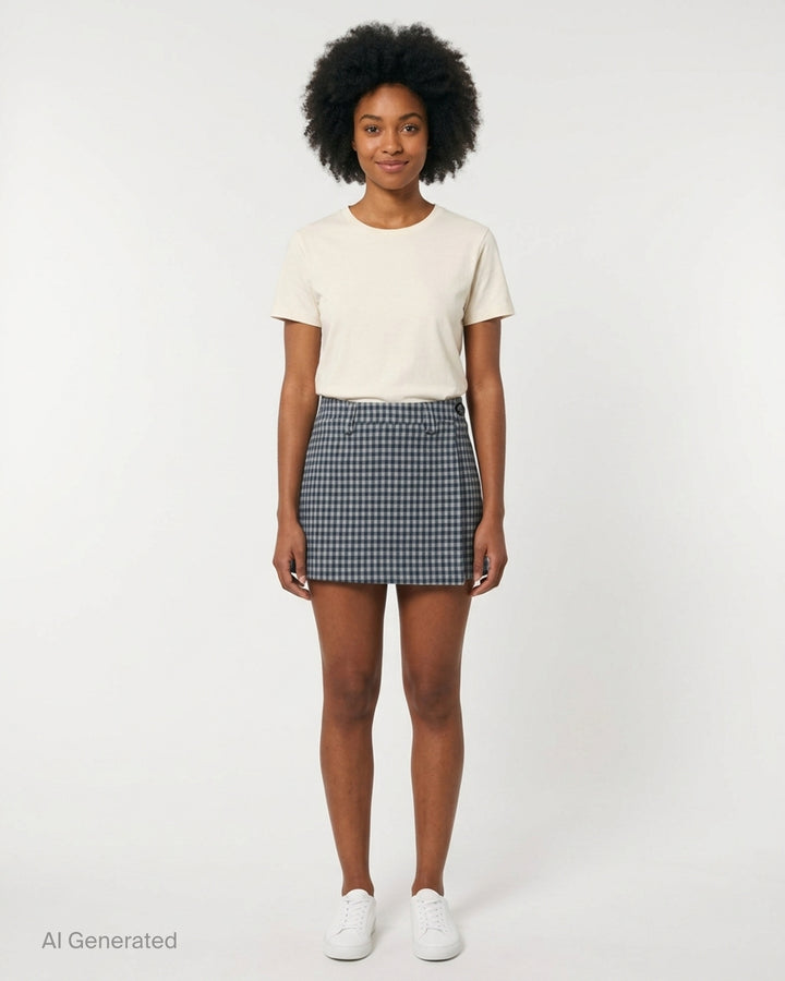 Glowny Polly Wrap Skorts in navy and white gingham check, showing structured waistband with button fastening and welt back pocket, laid flat on white background - front