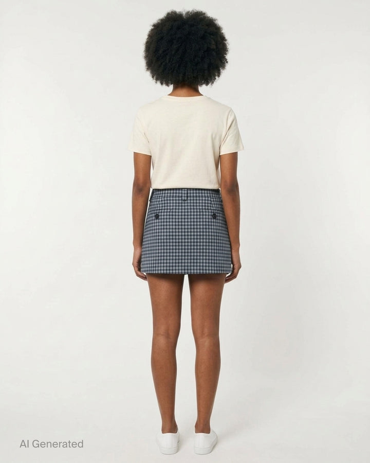 Glowny Polly Wrap Skorts in navy and white gingham check, showing structured waistband with button fastening and welt back pocket, laid flat on white background - back
