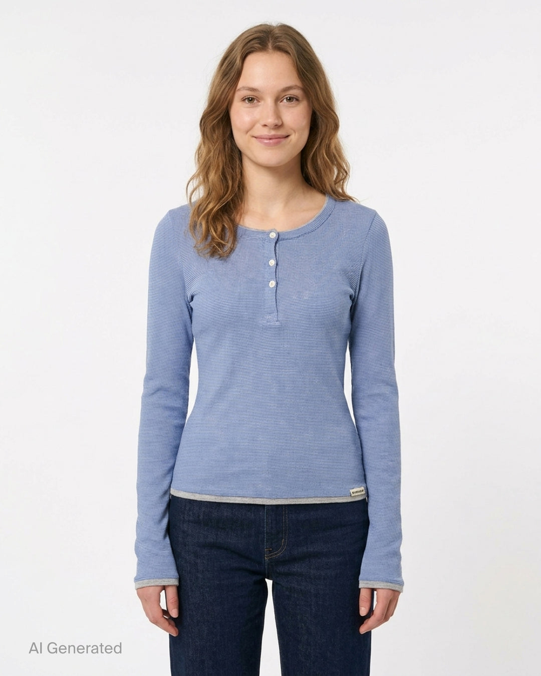 Glowny Roan Layered Long Sleeve Tee in blue and grey fine stripe with contrast grey neckline and cuff trim, three-button henley placket, and flared sleeve hem - front