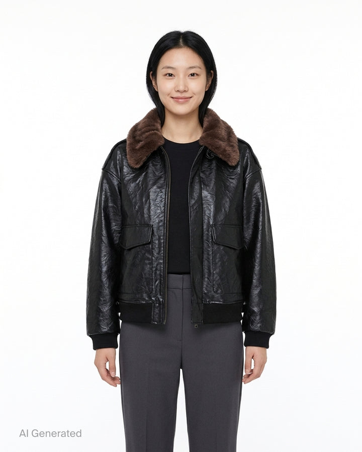 Glowny black crinkled leather aviator jacket with brown faux-fur collar, front flap pockets and ribbed cuffs and hem - front
